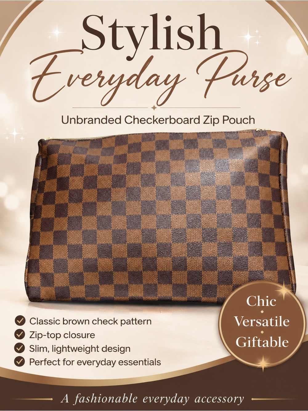 Checkerboard Zip Toiletry Pouch - Brown